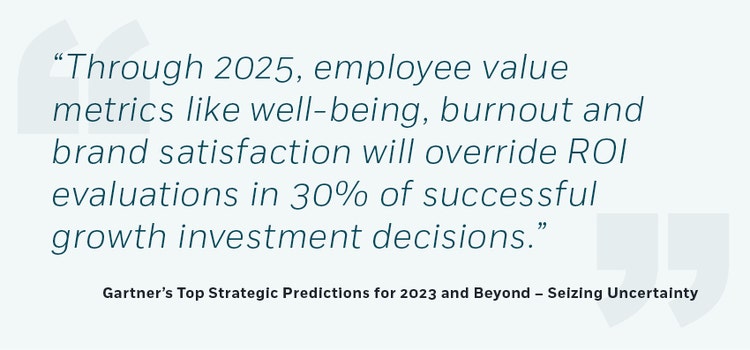 “Through 2025, employee value metrics like well-being, burnout and brand satisfaction will override ROI evaluations in 30% of successful growth investment decisions.” Gartner’s Top Strategic Predictions for 2023 and Beyond – Seizing Uncertainty